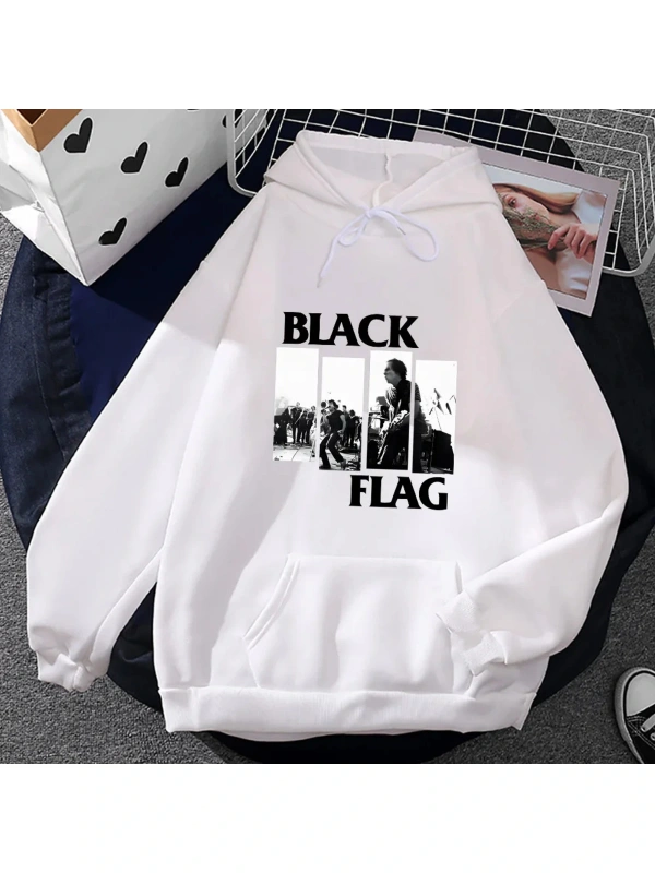 Beyaz Unisex Punk Rock Grubu Siyah Bayrak Grafik Kapüşonlular Sokak Funko Pop Vintage Rahat