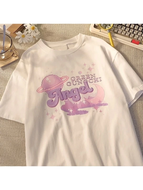 Beyaz Unisex Saturn Angel Yazılı Tişört