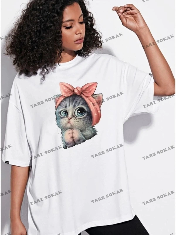 Beyaz Unisex Sevimli Minik Kedi Baskılı Pamuk Bisiklet Yaka Boyfriend Örme Oversize
