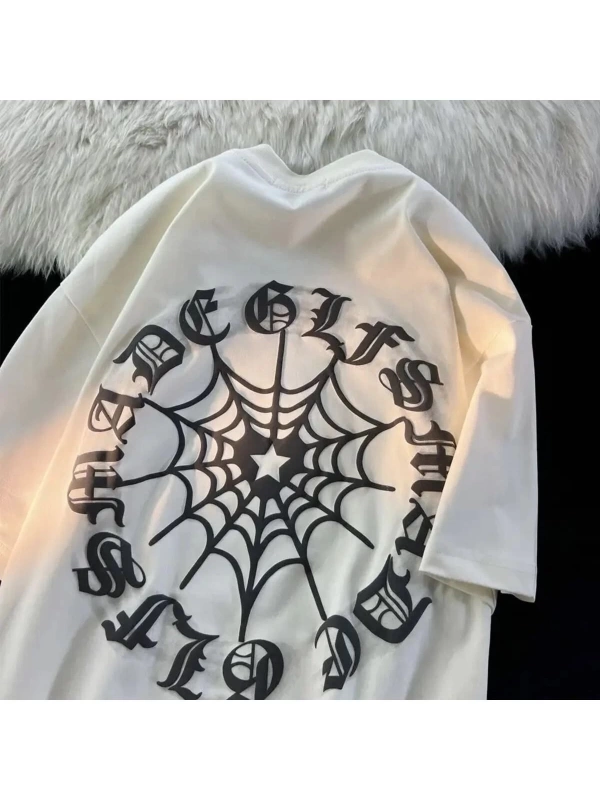 Beyaz Unisex Sırt Baskılı Ağ Alfabe Tişört