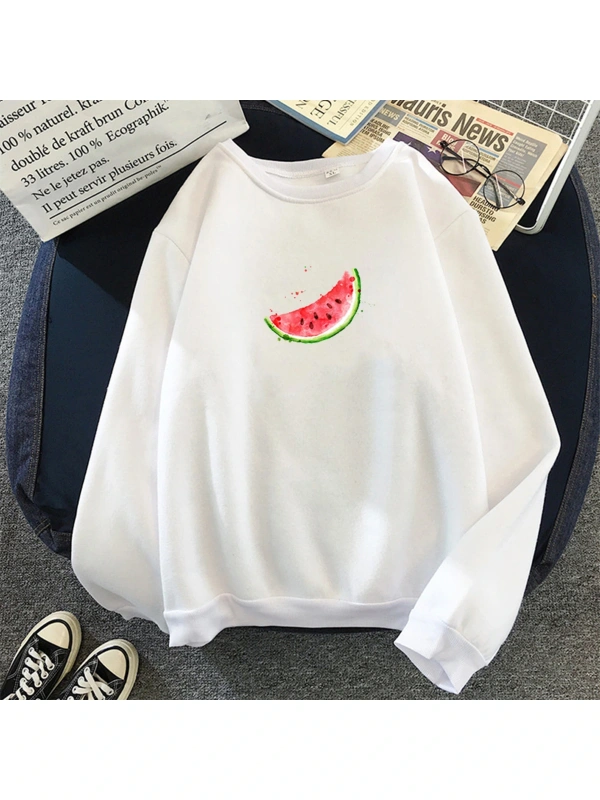 Beyaz Unisex Sonbahar Kapşonlu Karpuz Grafik Baskı Harajuku öğrenci Kawaii Beyaz Büy