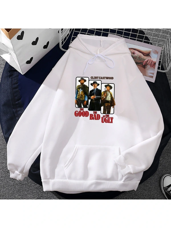 Beyaz Unisex Streetwear grafik TV iyi kötü ve çirkin baskı kapşonlu Casual er