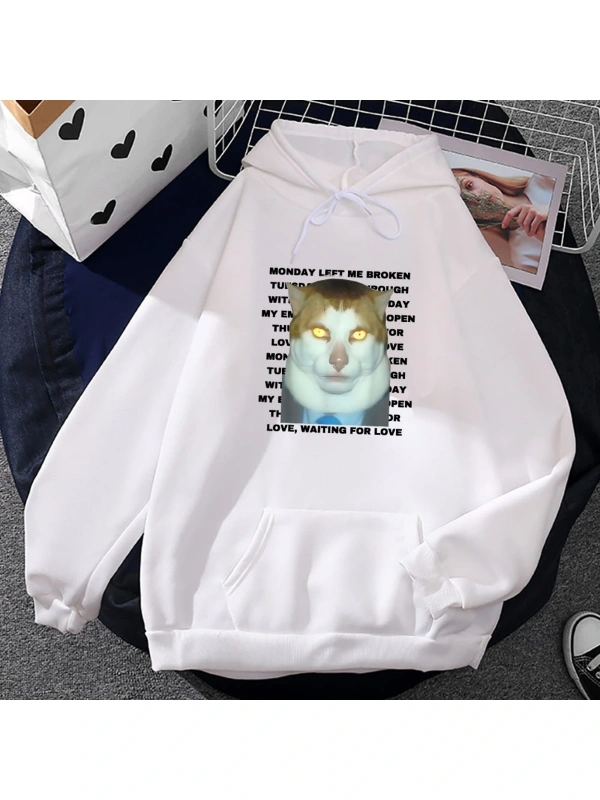 Beyaz Unisex Streetwear Ropa Hombre Meme kedi pazartesi sol bana kırık rahat kı