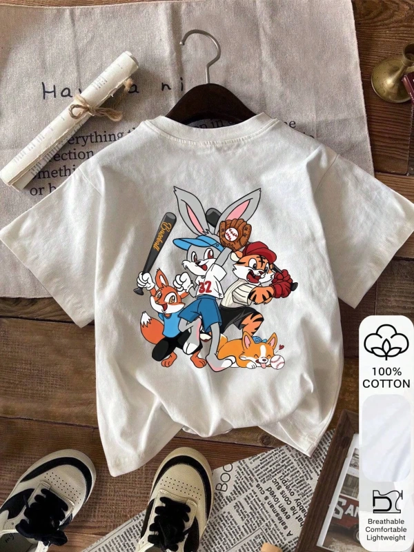 Beyzbol Tavşan & Tilki & Kaplan & Corgi Baskılı Yazlık Bayan %100 Pamuk Kısa Kollu, Beyaz Üst