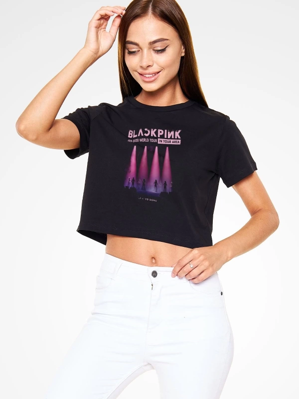 Black Pink Baskılı Kadın Siyah Crop Top Tişört