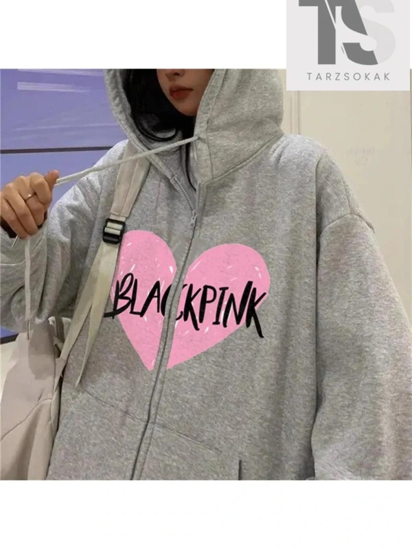 Blackpink Kalp Sweatshirt Fermuarlı Hırka Gri