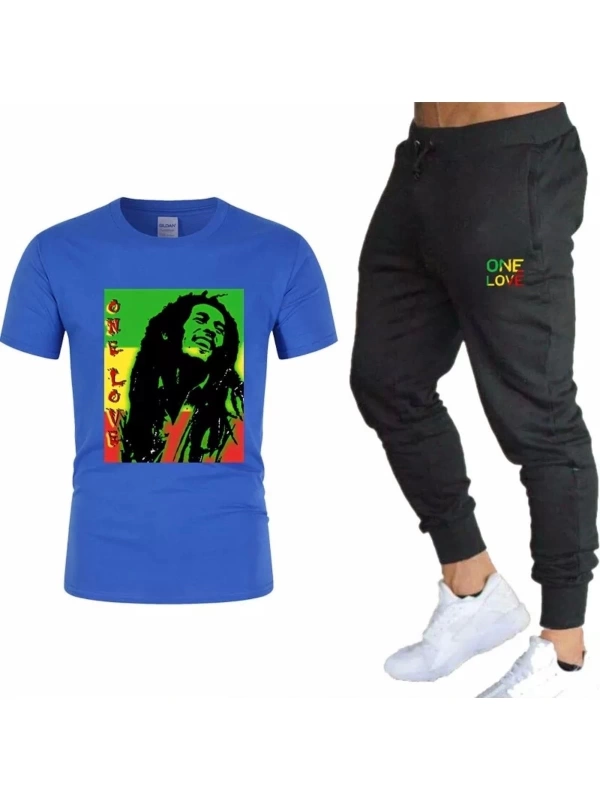 Bob Marley One Love Baskılı Pamuk Kısa Kollu Yazlık Erkek Eşofman Takımı