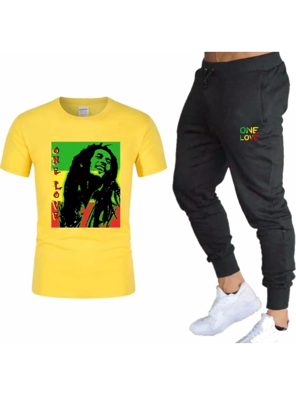 Bob Marley One Love Baskılı Pamuk Kısa Kollu Yazlık Erkek Eşofman Takımı