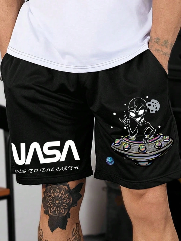 Bol Kesim Erkek Astronot Harf Baskılı Şort Bağcıklı Bel Desenli Grafik Siyah