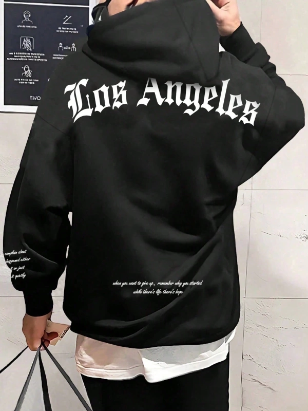 Bol Kesim Erkek Slogan Grafik Düşük Omuzlu Kapşonlu Siyah Harf Los Angeles Uzu