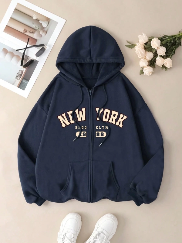 Bol Kesim Mektup Baskılı Kapüşonlu Bağcıklı Sweatshirt Düşük Omuz Tasarımı, Uzun Kollu Model 5137
