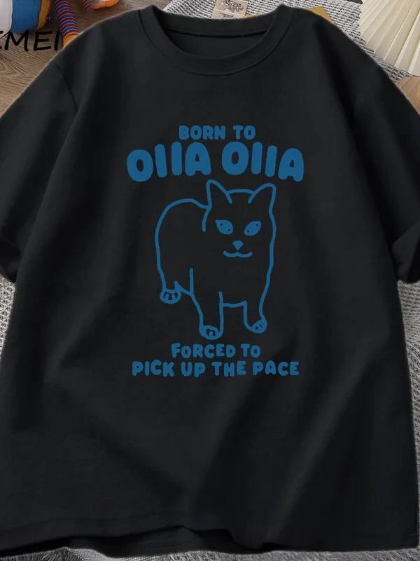 Born To OIIA Dönen Kedi T-Shirt Komik Retro Hayvan Tee 90s Pamuk Adam kısa kollu tişört Haraj 2972