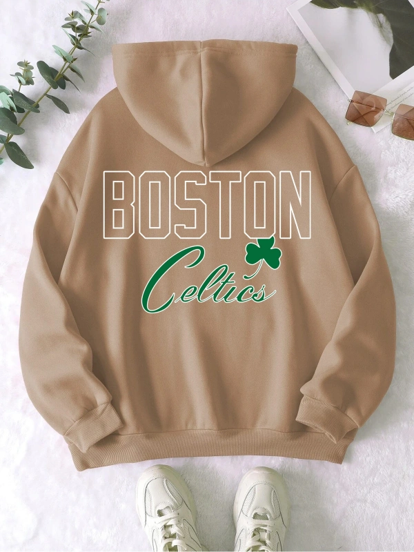 Boston Renkli Baskılı Oversize Kapüşonlu Sweatshirt Bej