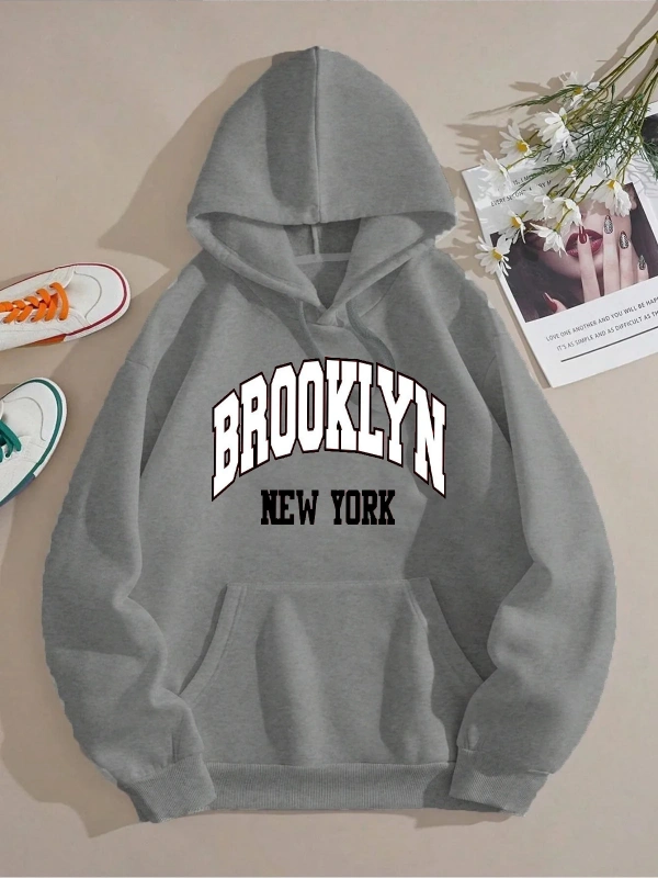 Brooklyn Baskılı Üç İplik Ünisex Oversize Kapüşonlu Sweatshirt Füme