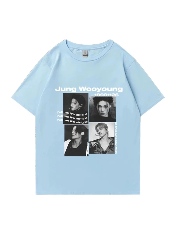 Bts Ateez Wooyoung grafik siyah tişört erkek kadın moda vintage boy kısa kollu t shirt Unisex