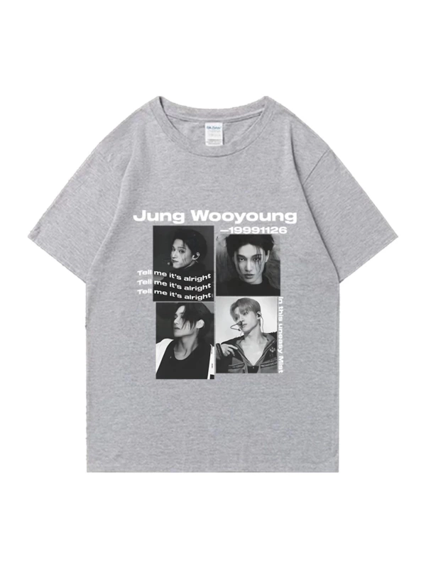 Bts Ateez Wooyoung grafik siyah tişört erkek kadın moda vintage boy kısa kollu t shirt Unisex