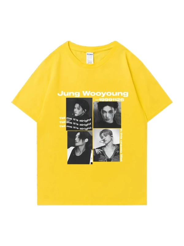 Bts Ateez Wooyoung grafik siyah tişört erkek kadın moda vintage boy kısa kollu t shirt Unisex