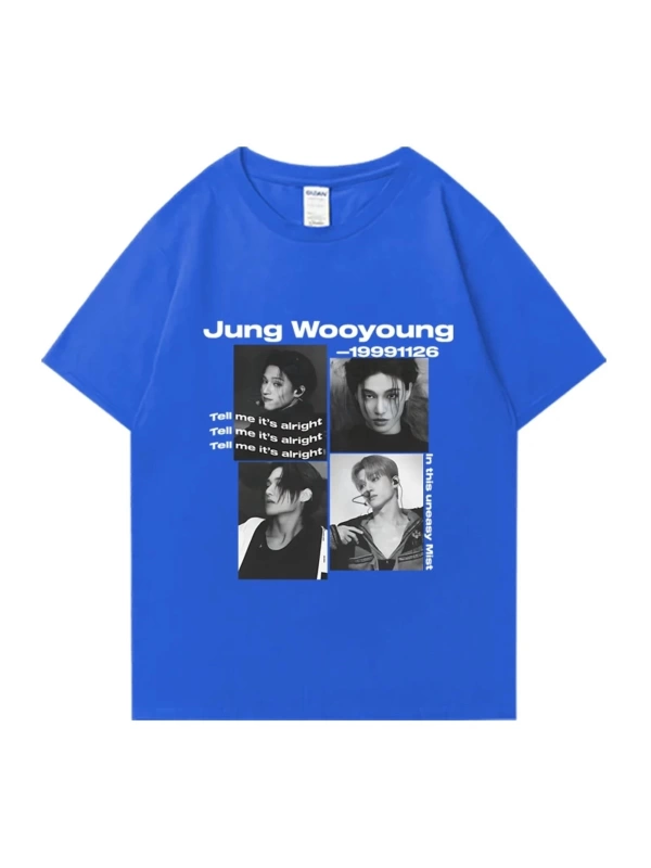 Bts Ateez Wooyoung grafik siyah tişört erkek kadın moda vintage boy kısa kollu t shirt Unisex
