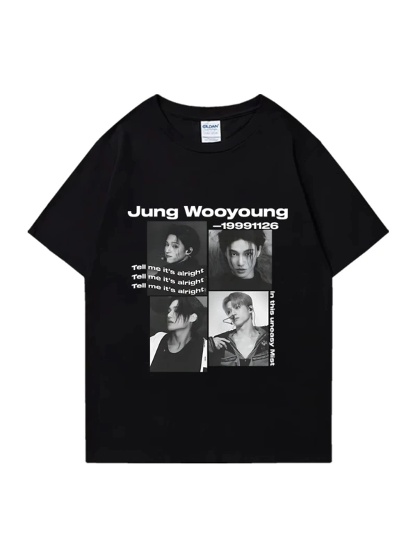 Bts Ateez Wooyoung grafik siyah tişört erkek kadın moda vintage boy kısa kollu t shirt Unisex