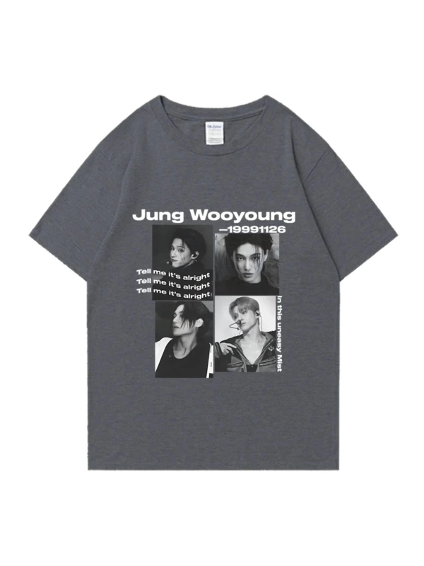 Bts Ateez Wooyoung grafik siyah tişört erkek kadın moda vintage boy kısa kollu t shirt Unisex