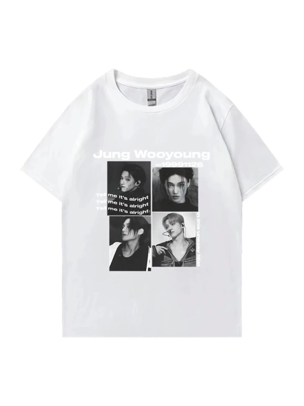 Bts Ateez Wooyoung grafik siyah tişört erkek kadın moda vintage boy kısa kollu t shirt Unisex