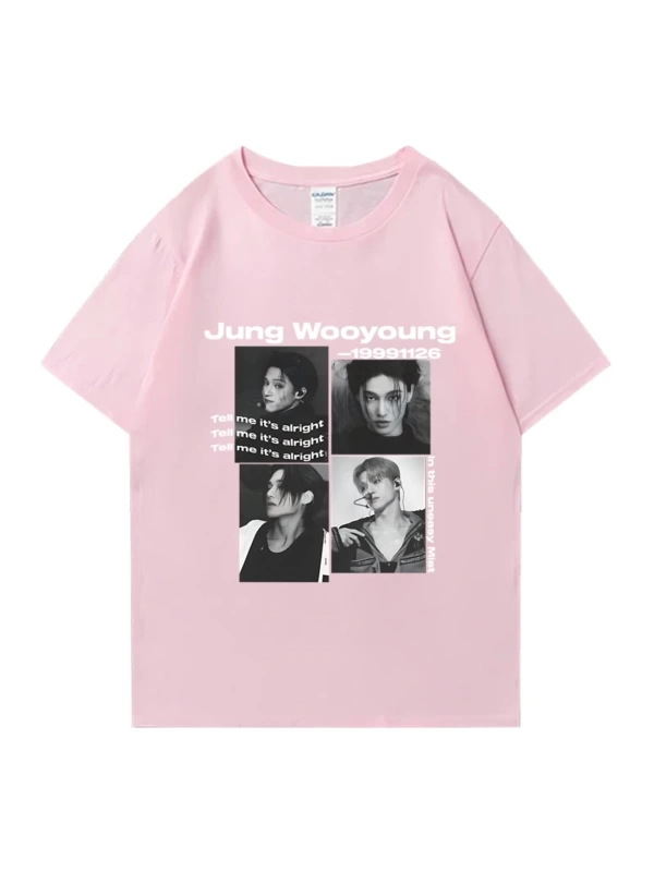 Bts Ateez Wooyoung grafik siyah tişört erkek kadın moda vintage boy kısa kollu t shirt Unisex