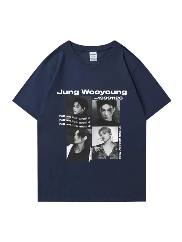 Bts Ateez Wooyoung grafik siyah tişört erkek kadın moda vintage boy kısa kollu t shirt Unisex