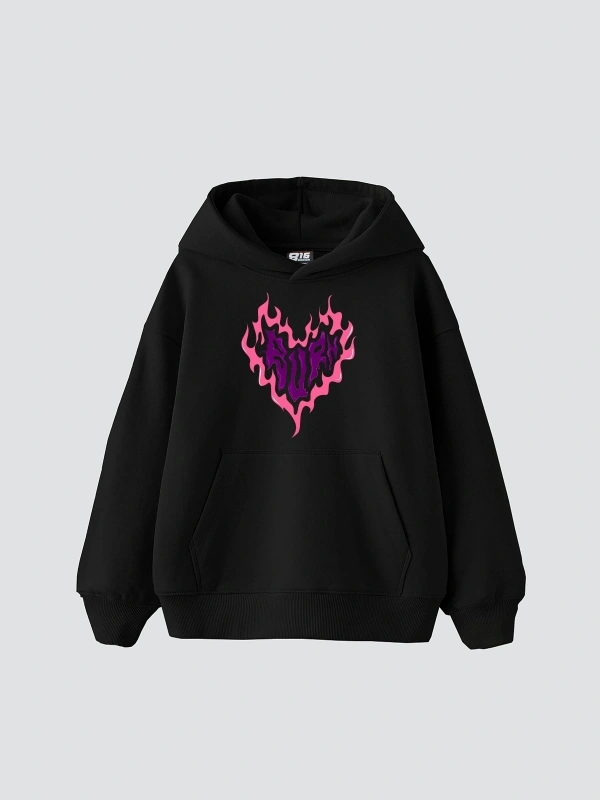 Burn Heart Baskılı Oversize Unisex Premium Siyah