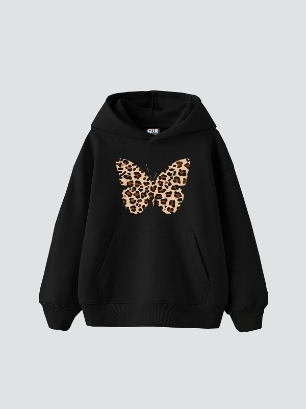 Butterfly Leopard Baskılı Oversize Unisex Premium Siyah