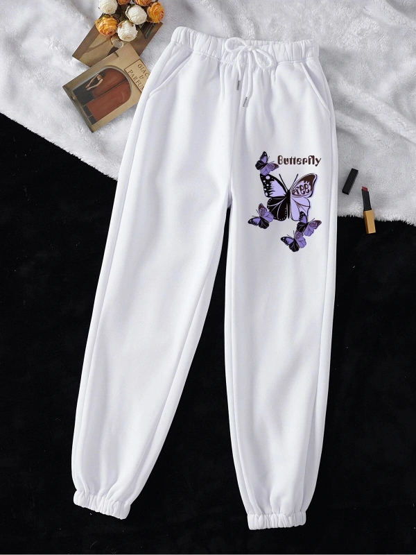 Butterfly & Letter Graphic Drawstring Waist 4 Mevsim Eşofman