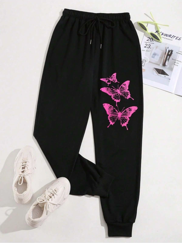 Butterfly Print Drawstring Waist 4 Mevsim Eşofman