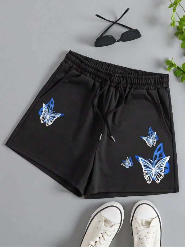 Butterfly Print Drawstring Waist Şort