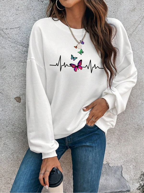 Butterfly Print Drop Shoulder Beyaz