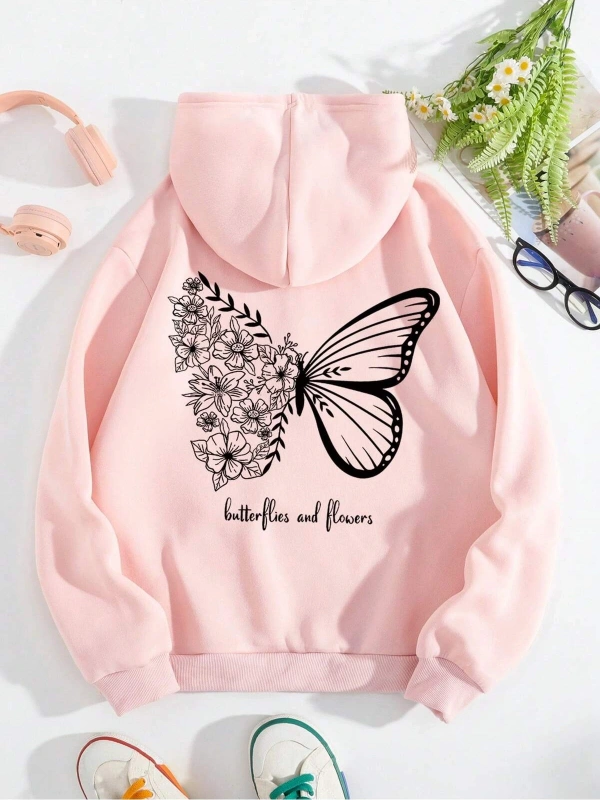 Butterfly & Slogan Graphic Drawstring Lined Hoodie Pembe