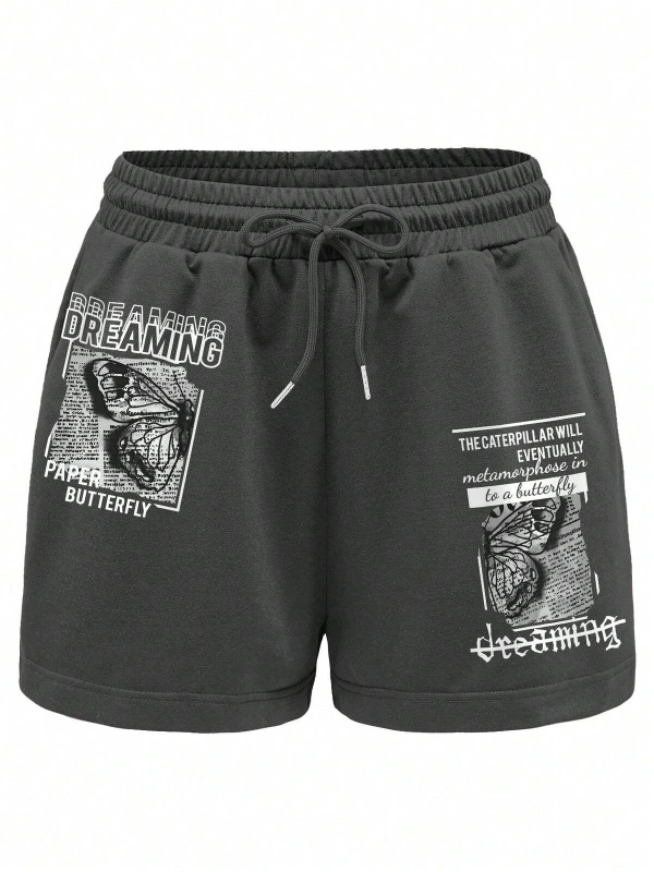 Butterfly & Slogan Graphic Drawstring Waist Şort
