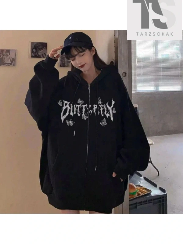 Butterfly Yazılı Figürlü Sweatshirt Fermuarlı Hırka