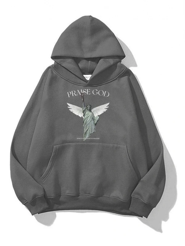 Büyük Beden Antrasit Praise God Baskılı 3 iplik Oversize Kapüşonlu Sweatshirt - Gri