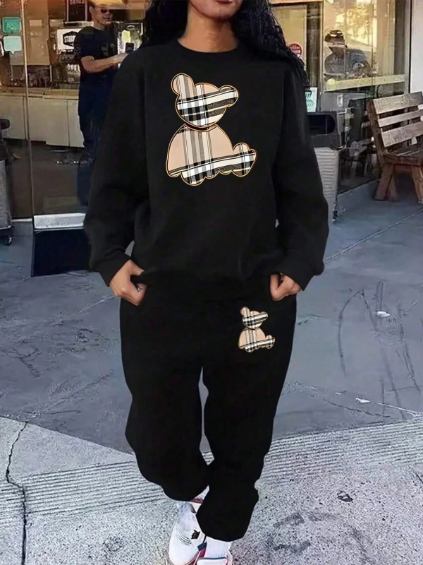 Büyük Beden Kadın Karikatür Ekose Teddy Ayı Baskılı Uzun Kollu Sweatshirt Ve Eşofman A