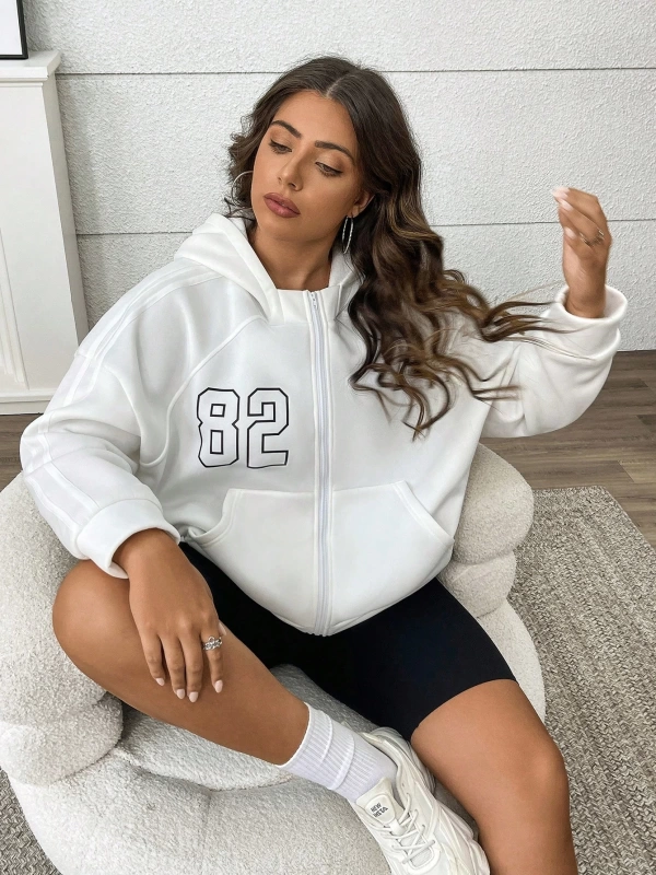Büyük Beden Kadın Numara Baskılı Uzun Kollu Fermuarlı Kapüşonlu Sweatshirt, Sonbahar/K Model 5185