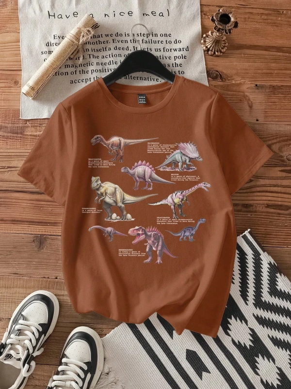 Büyük Beden Kadın Yazlık Dinozor Baskılı Dar Kesim Tişört, Rahat ve Minimalist