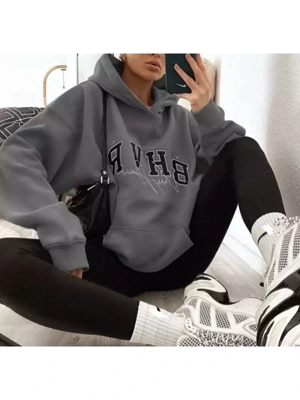 Büyük Beden Kapüşonlu B.h.v.r Baskılı %100 Pamuk Oversize Sokak Modası Kadın Sweats Gri