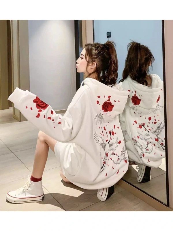 Büyük Beden Kapüşonlu Farmuarlı Japon Red Rose Baskılı Oversize Kadın Ceket-sweatsh Beyaz