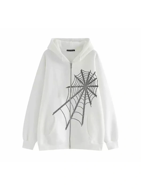 Büyük Beden Kapüşonlu Farmuarlı Silver Örümcek Ağı Baskılı Oversize Kadın Ceket Swe Beyaz