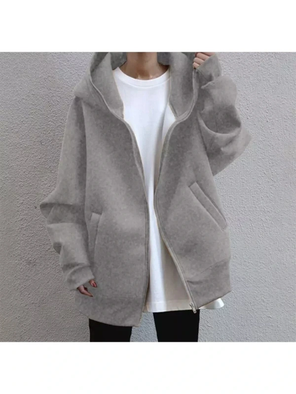 Büyük Beden Kapüşonlu Tam Fermuarlı Kışlık Oversize Sokak Stili Kadın Ceket-sweatsh Gri