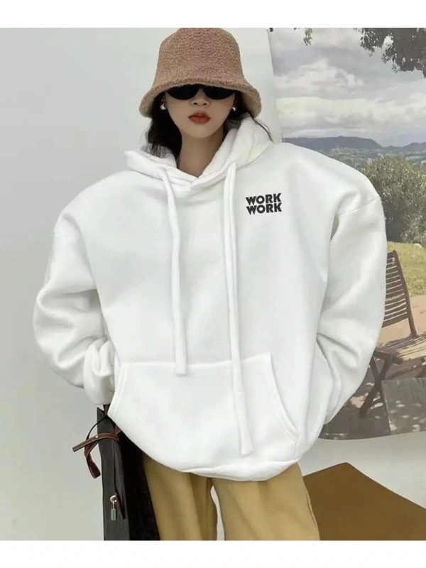 Büyük Beden Kapüşonlu Work Work Baskılı Tam Kışlık Geniş Oversize Kadın Sweatshırt Beyaz