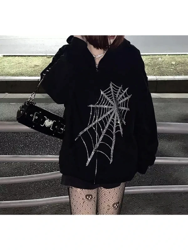 Büyük Beden Örümcek Ağı Silver Baskılı Kapüşonlu Fermuarlı Oversize Kadın Ceket-swe Siyah
