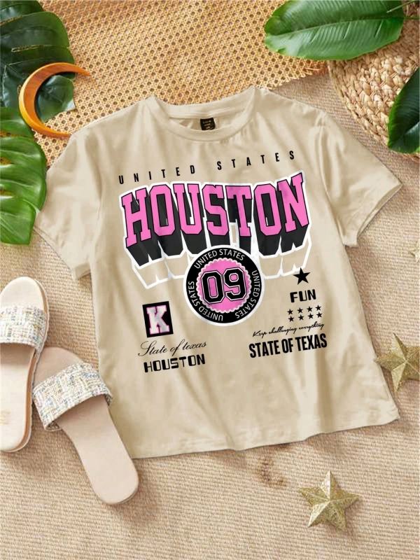 Büyük Beden Tişörtler Rahat Basit HOUSTON Mektup Baskılı Bol Kesim Kısa Kollu Ti