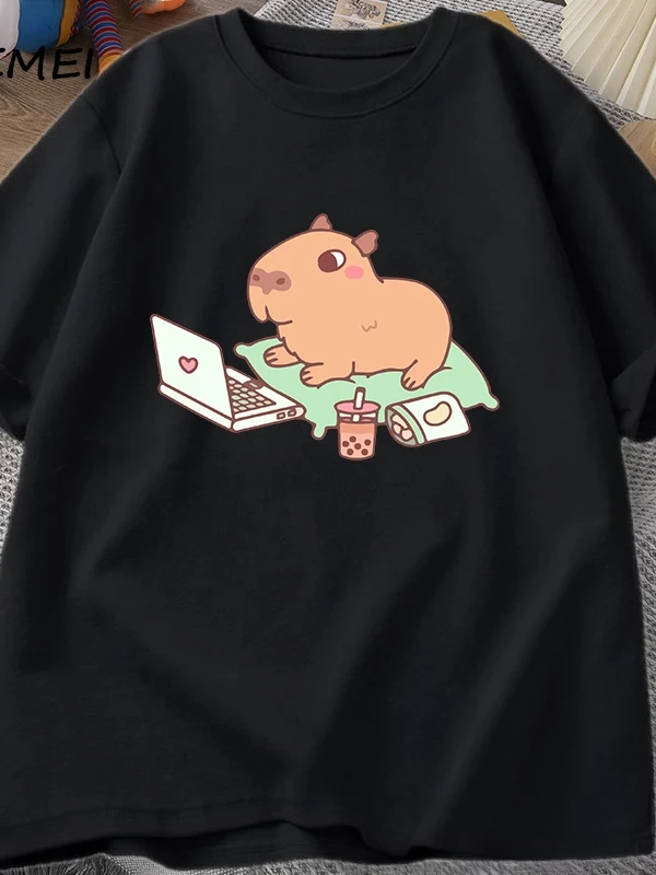 Capybara kullanımı bilgisayar Tshirt erkekler komik gevşek pamuklu üst giyim rahat yaz giysil 2852