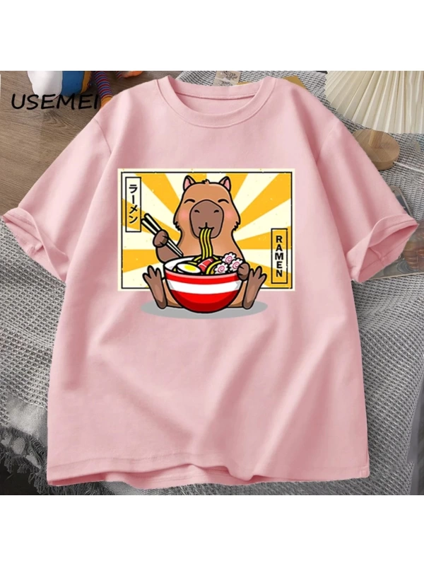 Capybara pamuklu t-shirt rahat erkek giysileri boy kısa kollu Tees yaz japon Streetwear 90s h