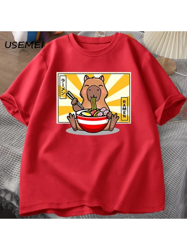 Capybara pamuklu t-shirt rahat erkek giysileri boy kısa kollu Tees yaz japon Streetwear 90s h